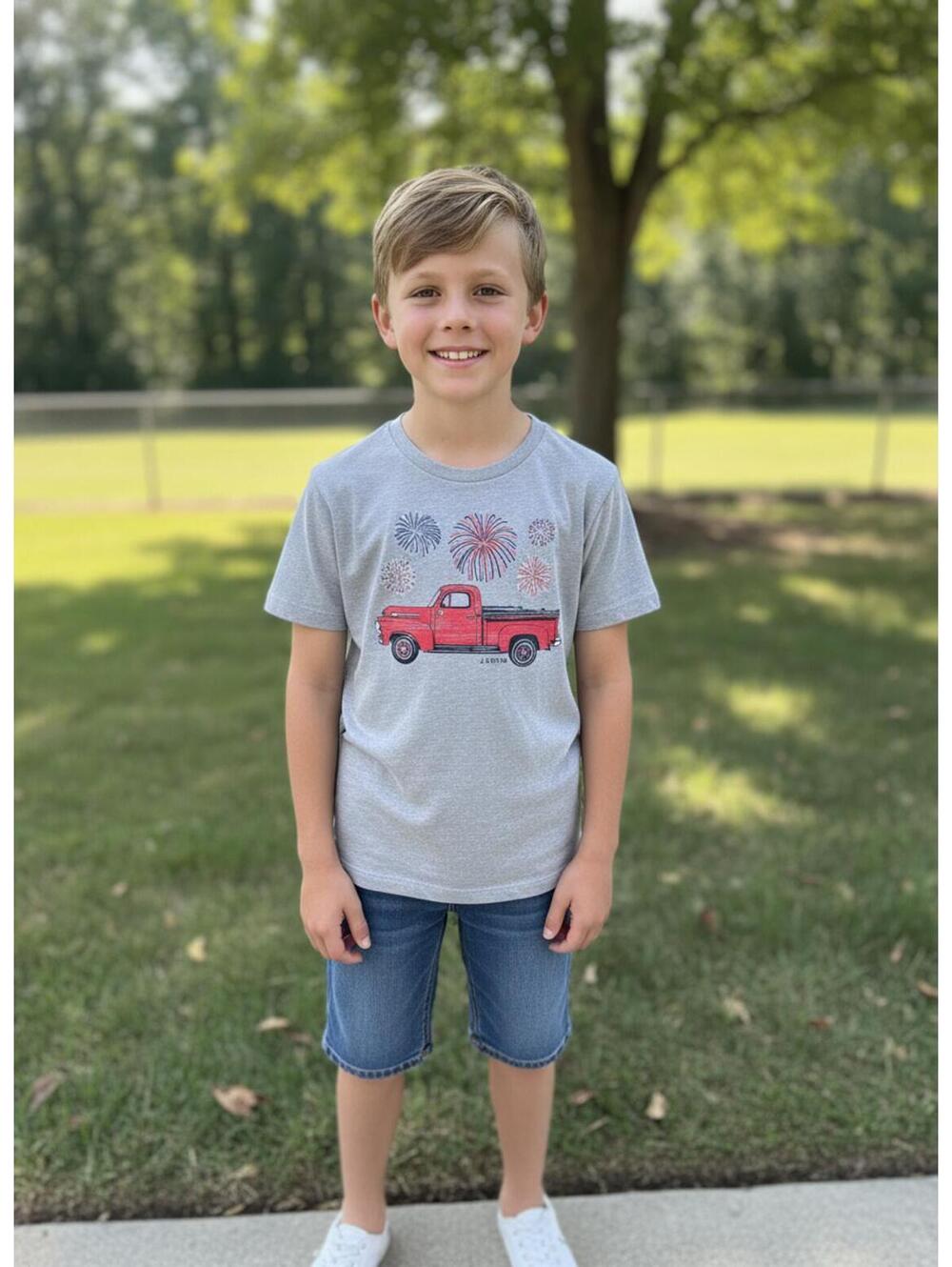 crewcuts Gray T-Shirt with Red Truck Fireworks Graphic 10/12